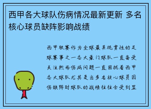 西甲各大球队伤病情况最新更新 多名核心球员缺阵影响战绩