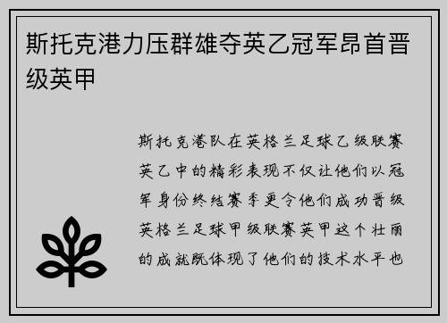 斯托克港力压群雄夺英乙冠军昂首晋级英甲
