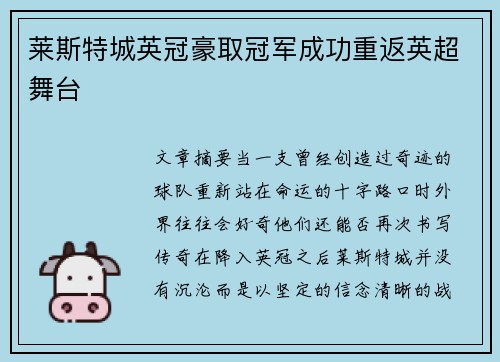 莱斯特城英冠豪取冠军成功重返英超舞台 莱斯特城英冠豪取冠军成功重返英超舞台